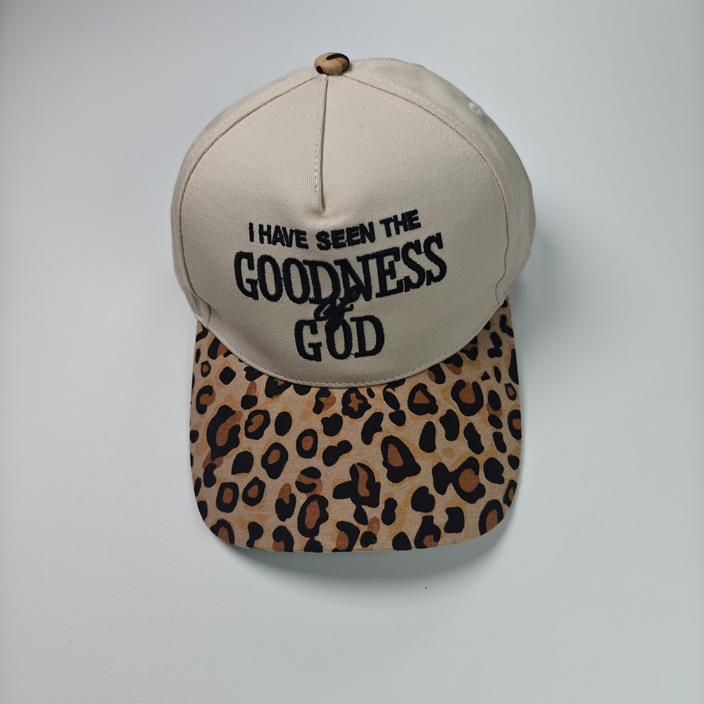 I Have Seen The Goodness Of God Leopard Print Flat Bill Hat Cream Christian Cap